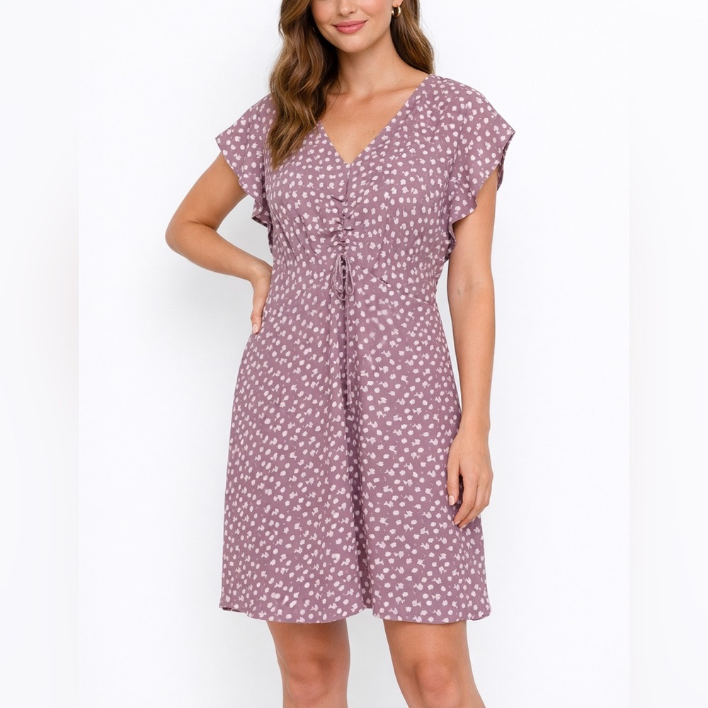 Monteau Floral Dress Ruched Bodice Flutter Sleeve Cinch Waist Medium